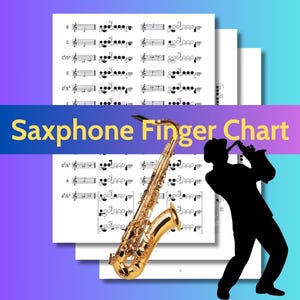 Puede incluir: Un saxofón dorado descansa contra una pila de hojas de digitación. Las hojas muestran notas musicales y posiciones de los dedos. La imagen incluye una silueta de una persona tocando el saxofón y el texto "Saxophone Finger Chart".