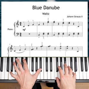 Puede incluir: Partitura musical para el vals El Danubio Azul de Johann Strauss II para piano, con notación musical negra sobre fondo blanco, situada sobre un teclado de piano con teclas blancas y negras, mostrando los pentagramas en clave de sol y fa.
