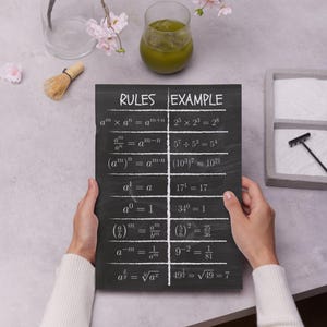 Puede incluir: Un póster de estilo pizarra con reglas y ejemplos matemáticos. El póster, sostenido por una persona, presenta ecuaciones y fórmulas blancas sobre un fondo negro. La imagen incluye un vaso de líquido verde y flores decorativas.