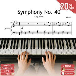 Könnte beinhalten: Eine Klaviatur mit schwarzen und weißen Tasten, mit Noten für "Symphonie Nr. 40" von Mozart. Das Bild enthält den Text "Leichtes Klavier" und "Klaviernoten". Ein rotes Banner zeigt einen Rabatt von 20%.
