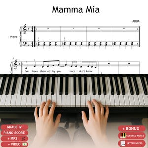 May include: A piano score for "Mamma Mia" by ABBA. The sheet music is displayed with the text "I've been cheated by you since I don't know." The image includes a piano keyboard with hands playing the keys. Additional features include colored notes and letter notes.