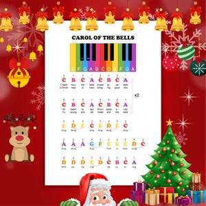 May include: A festive Christmas-themed graphic with the title "CAROL OF THE BELLS" above a colorful piano keyboard diagram. The image includes musical notes, a Christmas tree, ornaments, and a Santa Claus illustration, all set against a red background.