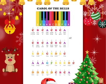 Carol of the Bells Piano Sheet: One-Hand Beginner, Color Coded Notes