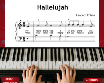 Hallelujah Piano Score: Leonard Cohen Holiday Tune (Grade 1 Beginner)