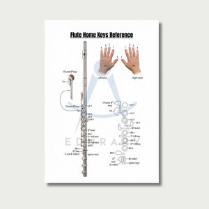 Peut inclure: Une affiche intitulée « Flute Home Keys Reference » présente une flûte argentée avec des parties étiquetées et des schémas des positions des mains. L'affiche comprend du texte et des illustrations pour guider les flûtistes sur les doigtés.