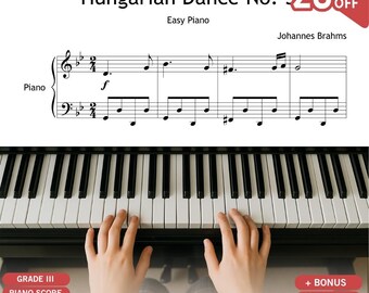 Hungarian Dance No 5 Piano Sheet: Brahms, Easy Grade 3 with Color Notes