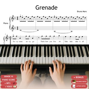 Bruno Mars Grenade Piano Sheet Music (Grade 2–3, Color Coded, PDF)