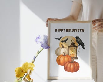 Arte mural de Halloween: Calabazas y cuervos en acuarela - Decoración rústica de otoño