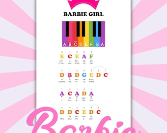 Kids Beginner Piano Sheet, Barbie Girl Pop Song (Right Hand, Color Coded)