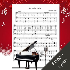 May include: A sheet music page for Deck the Halls with lyrics and musical notation, featuring a black grand piano and a silver microphone stand in the foreground. The background is a deep red with white snowflake and musical note accents.