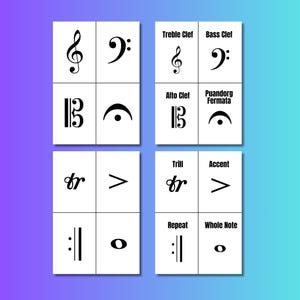May include: A set of white cards with black musical symbols and terms. The cards display symbols like treble clef, bass clef, alto clef, fermata, trill, accent, repeat, and whole note. The background is a gradient of blue and purple.