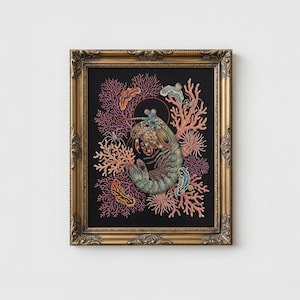 May include: An art print in a gold ornate frame, depicting a mantis shrimp surrounded by coral and other marine life against a black background. The mantis shrimp is illustrated in shades of green, blue, and orange. The coral is in shades of pink and orange.