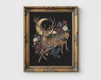 Celestial Deer Watercolor: Gothic Garden Decor Vintage Botanical Wall Art