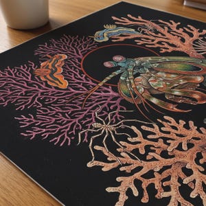 May include: A square art print with a detailed illustration of marine life on a black background. The artwork features a mantis shrimp, coral, sea slugs, and a spider, all in vibrant colours.