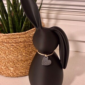 May include: A matte black bunny figurine with long ears and a heart-shaped pendant. The bunny is wearing a twine necklace with a small, textured heart. The figurine is a decorative item.