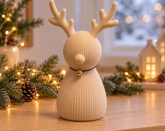 Reno RUDOLF – Adorno navideño acanalado con astas y campana – Figura decorativa impresa en 3D – 14 / 18 / 25 cm – 10 colores