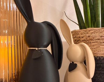 Può includere: Due statuette decorative a forma di coniglio. Una è nera opaca, l'altra beige. Ognuna ha lunghe orecchie, un corpo arrotondato e un piccolo ciondolo a forma di cuore nero. Sono legate con spago intorno al collo.