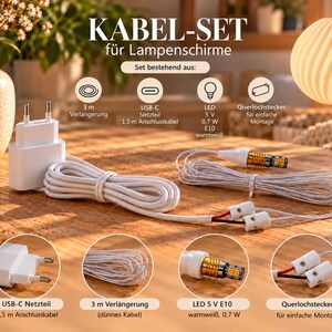 Optionales Kabel-Set fuer NOVA mit USB-C Netzteil, Anschlusskabel 1,5 m, Verlaengerung 3 m, Querlochsteckern und LED E10 5 V 0,7 W warmweiss.
