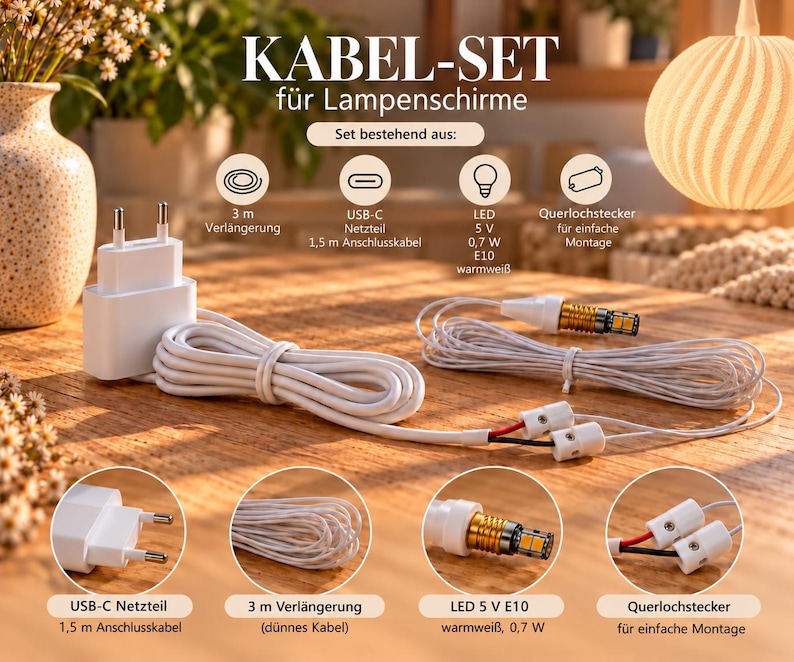 Optionales Kabel-Set fuer NOVA mit USB-C Netzteil, Anschlusskabel 1,5 m, Verlaengerung 3 m, Querlochsteckern und LED E10 5 V 0,7 W warmweiss.