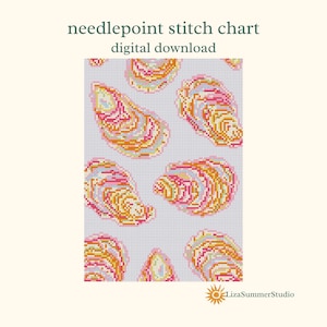 May include: Digital needlepoint stitch chart with a pattern of stylized oyster shells in shades of pink, orange, and yellow on a light gray background. The text "needlepoint stitch chart digital download" is at the top.