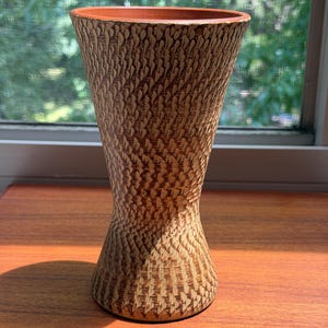 Vintage West German Pottery Hourglass Vase • Mid Century Modern Sgraffito Terracotta • Handarbeit West Germany Studio Ceramic Diabolo Vessel