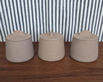 Magenta Citrin Canyon Kryddburkset - Minimalistiska jordnära lergodsburkar med lock - Set om 3 - Neutral Boho Köksinredning