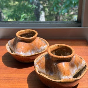 Pair of Vintage MCM Studio Pottery Candle Holders | Flambé Orange Drip Glaze  | Fluted Star Base Taper Candlesticks | Earthy Retro Decor