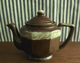 Vintage Brown Drip Glaze Octagonal Teapot | Mid-Century Ceramic Personal Tea Pot with Lid | Retro 1960s 1970s Kitchenware, Brown Betty Style