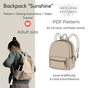 May include: A beige corduroy backpack with a front zipped pocket and adjustable straps. The backpack is being worn by a person. The image also includes the text "Backpack 'Sunshine'" and "Adult size".