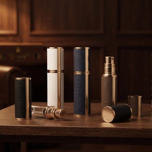 May include: A collection of cylindrical perfume atomizers featuring gold-toned metal accents and textured sleeves in black, white, navy blue, and brown. The set includes upright bottles and detached caps, showcasing a sleek, vertical design with visible spray nozzles.
