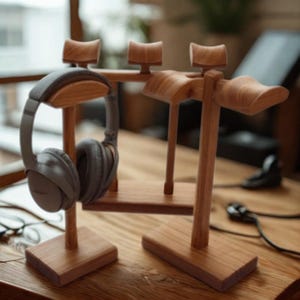 Puede incluir: Soportes de madera para auriculares con acabado natural. Un soporte sostiene unos auriculares grises. Los soportes tienen un diseño minimalista con base rectangular y parte superior curvada. Los soportes están sobre una superficie de madera.