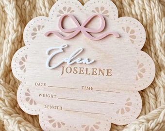 Personalized Baby Name Announcement Sign · Custom Pink Bow Baby Plaque · Newborn Hospital Birth Stats Sign · Birth Announcement Keepsake
