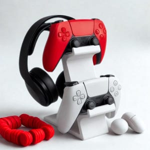 3D Printing Gamepad Display Stand – 2‑Layer Space‑Saving Controller Holder with Headset Hanger, minimalist gaming organizer rack