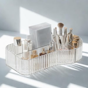 Organizzatore per il bagno fatto a mano, contenitore per trucchi Wave, organizer per trucchi trasparente multi-scomparto, contenitore per oggetti da appoggio trasparente