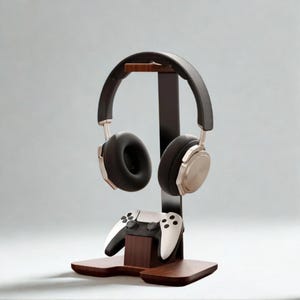 Controller gamer stand - Handmade Wooden Headphone Stand – Detachable Creative Headset Holder for Desk, minimalist solid‑wood display rack