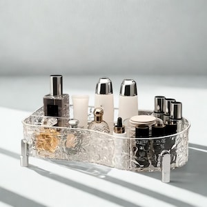 Handmade Storage Organizer Makeup Stand Glacier Water Ripple Makeup Organizer Silver Metal Legs Clear/Gray Multi‑Compartment Cosmetic Tray