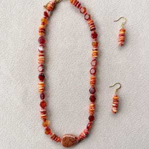 Amber Drift Carnelian and Agate Necklace with Orange Shell Focal Earring Set