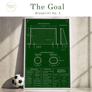 Könnte beinhalten: Ein gerahmter grüner Bauplan mit dem Titel "The Goal" mit detaillierten Fußballtor-Schemata, einschließlich Abmessungen in Metern und Zentimetern, und einem Fußball im Vordergrund. Der Bauplan enthält Vorder- und Seitenansichten, Querschnittsdetails und Spezifikationen.