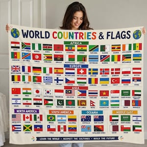 May include: A cream-coloured throw blanket featuring the text WORLD COUNTRIES & FLAGS at the top. The blanket displays a grid of national flags organised by continent, including Africa, Europe, Asia, North America, South America, Oceania, and Middle East.