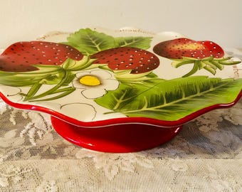 Vintage Pier 1 Imports "Strawberry" Ceramic Hand-Painted Pedestal Scalloped Cake Stand - 11"