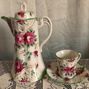 Juego antiguo victoriano (1891-1908) de teteras japonesas de porcelana color oro rosa para chocolate caliente (3 piezas)