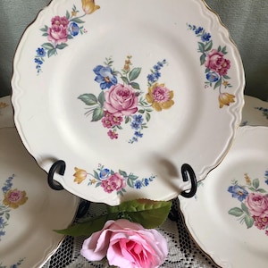 Può includere: Piatti in porcellana bianca con bordo smerlato e finiture dorate. Ogni piatto presenta un motivo floreale con rose rosa, fiori blu e gialli. I piatti sono esposti su una tovaglia di pizzo bianco.