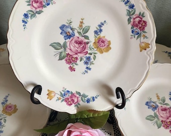 Platos llanos vintage de cerámica Scio Pottery USA de los años 30-40 con estampado floral de rosas "Hazel".