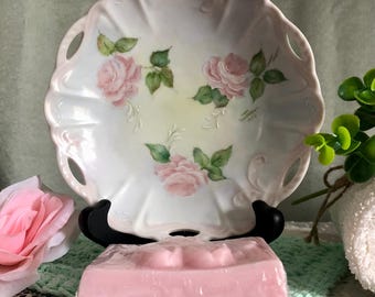 Vintage 1990's Pink Rose Floral Scalloped Hand-Painted Soap Trinket Dish