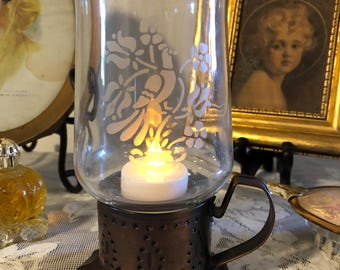 1970's Pfaltzgraff "Copperswitch" Candle Lantern with Frosted Bird Motif Glass Votive Chimney Globe (7")
