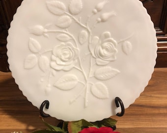1950's Rose White Satin Scalloped Imperial Milk Glass Cake Stand