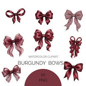 Puede incluir: Una colección de imágenes prediseñadas en acuarela de lazos color burdeos en varios estilos, incluyendo patrones sólidos, transparentes, de encaje y de cuadros. El texto dice WATERCOLOR CLIPART BURGUNDY BOWS 20 PNG. Lazos en tonos rojo oscuro.