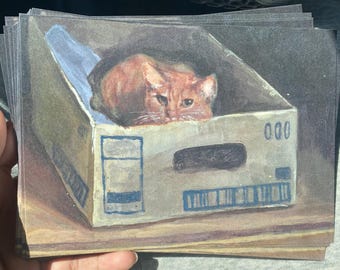 Impresión de postal de 5x7 pulgadas con diseño de gato naranja en una caja (reproducción de pintura acrílica).