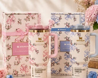 Pink Floral Tumbler 40oz with Handle | Coquette Insulated Travel Mug | Stainless Steel Quencher Cup for Women