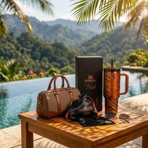 Puede incluir: Colecci&oacute;n de productos de la marca Stanley, que incluye un bolso marr&oacute;n y beige, un vaso con dise&ntilde;o de rayas de tigre, una caja negra, una bolsa con cord&oacute;n y gafas de sol. Los productos est&aacute;n colocados sobre una mesa de madera con una piscina y un paisaje tropical de fondo.